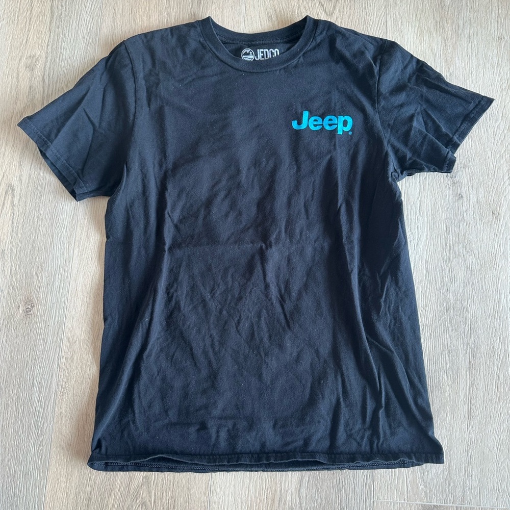 Jeep Black Tee with Blue Logo on front and Tie Dye logo on back